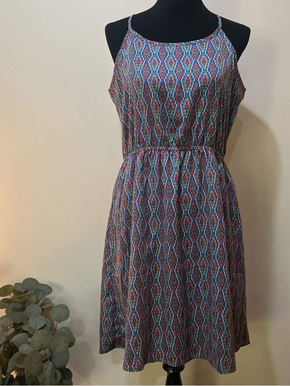 Multi-Color Geometric Midi Dress with Spaghetti Straps and pockets